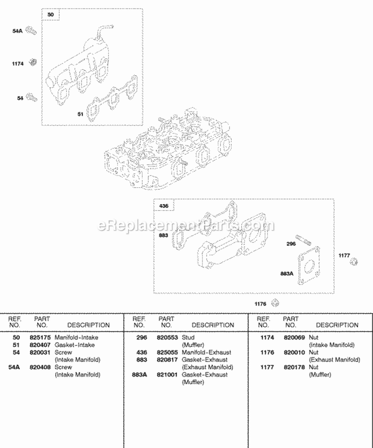 Intake Manifold Exhaust Manifold Diagram and Parts List for 522447-0105-E2  Briggs and Stratton Engine